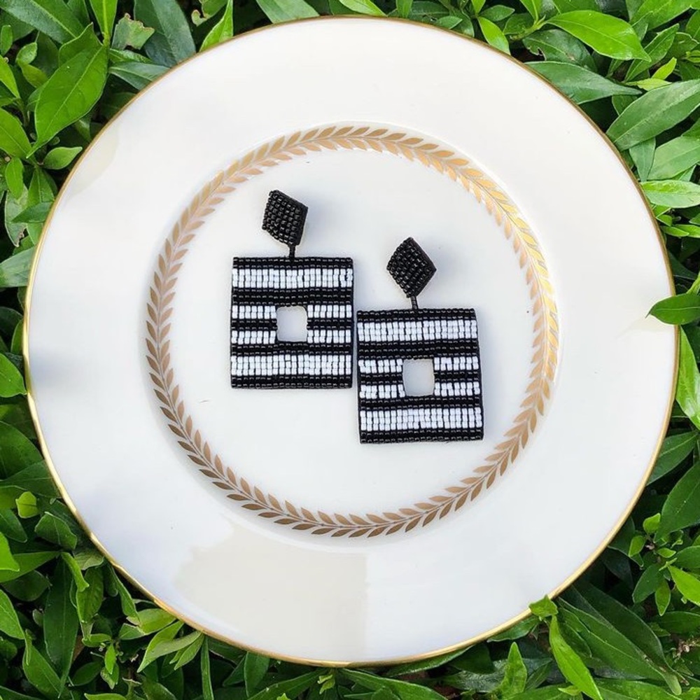 Black and White Beaded Square Earrings